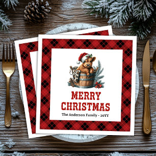 Rustieke hooglandkoe rood zwart geruit Kerst serve Servet