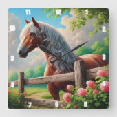 Rustieke Horse Meadow Vibrant Countryside Vierkante Klok (Voorkant)