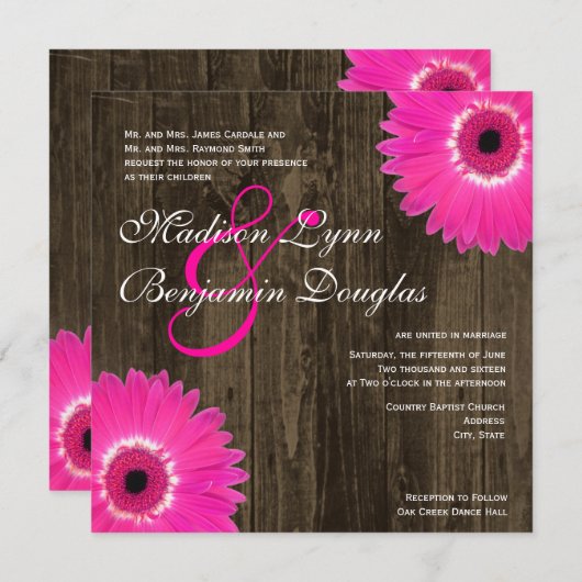 Rustieke Hot Pink Daisy Square bruiloft uitnodigin Kaart (Voorkant / Achterkant)