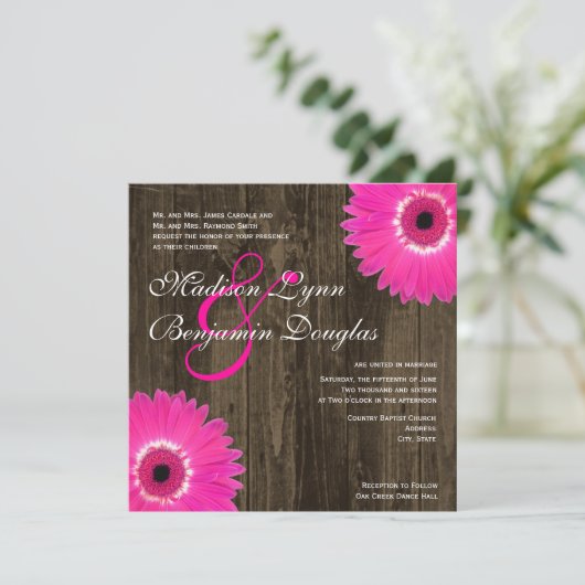 Rustieke Hot Pink Daisy Square bruiloft uitnodigin Kaart (Staand voorkant)
