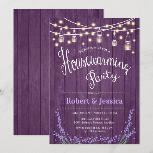 Rustieke Housewarming Party - Lavendel Paarse Hout Kaart (Voorkant / Achterkant)