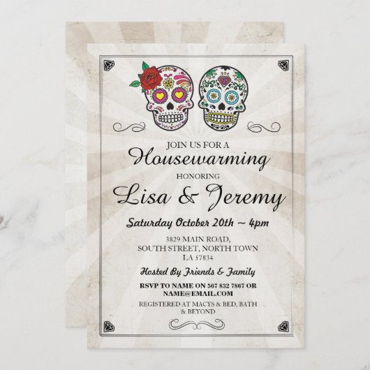 Rustieke housewarming suikerschedels nodigen Hallo Kaart (Voorkant / Achterkant)