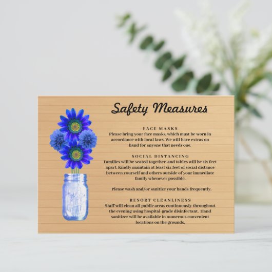 Rustieke Hout Blauw Bloemen Mason Jar Veiligheidsm Informatiekaartje (Staand voorkant)