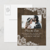 Rustieke Hout Bloem Wit Kant Foto Save the Date Aankondigingskaart (Voorkant / Achterkant)