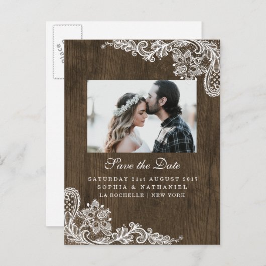 Rustieke Hout Bloem Wit Kant Foto Save the Date Aankondigingskaart (Voorkant / Achterkant)