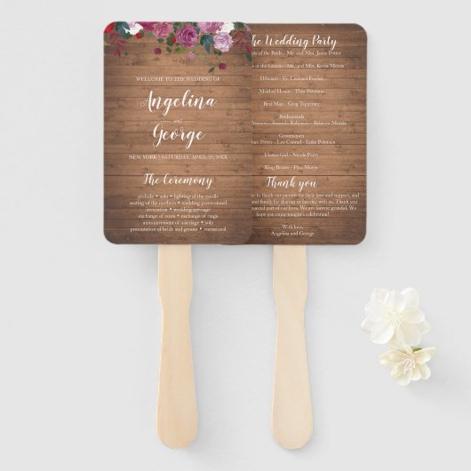 Rustieke hout bloemenbruiloft programma fan handwaaier (Voorkant en achterkant)