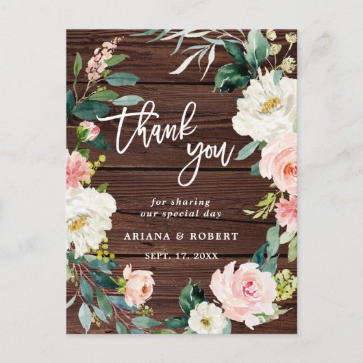 Rustieke hout bloemenkrans foto dank u briefkaart (Voorkant)