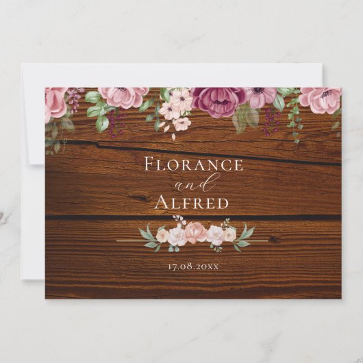 Rustieke hout bloemrijke elegante witte maroon tro save the date (Voorkant)
