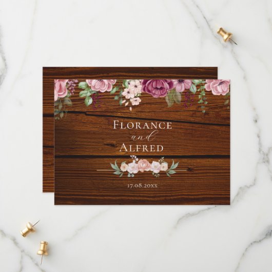 Rustieke hout bloemrijke elegante witte maroon tro save the date (Voorkant / Achterkant in situ)