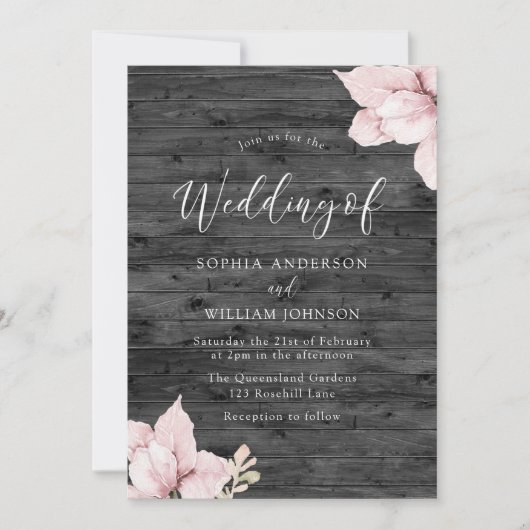 Rustieke hout blush bloemen bruiloft uitnodiging (Voorkant)