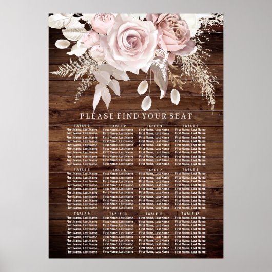 Rustieke hout Blush Bloemen Bruiloft Zitkaarten Poster (Voorkant)