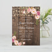 Rustieke Hout Boho Bloem Slingerlampjes Bruiloft Kaart (Staand voorkant)