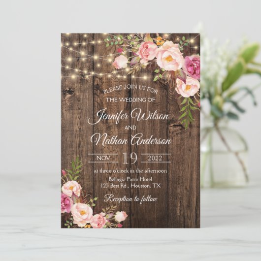 Rustieke Hout Boho Bloem Slingerlichten Bruiloft Kaart (Staand voorkant)