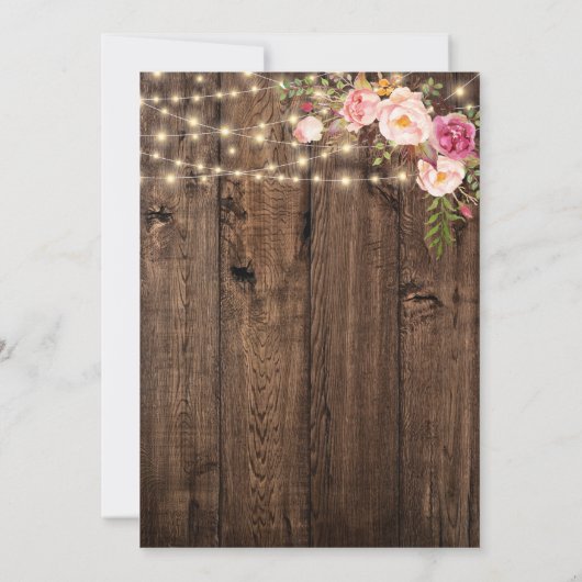 Rustieke Hout Boho Bloem Slingerlichten Bruiloft Kaart (Achterkant)