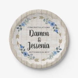 Rustieke Hout Boho Pijlen & Blauwe Bloemige Trouwd Papieren Bordje