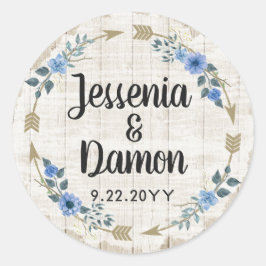 Rustieke hout boho pijlen & bloemenkrans bruiloft ronde sticker