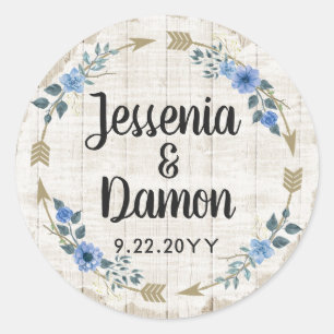 Rustieke hout boho pijlen & bloemenkrans bruiloft ronde sticker
