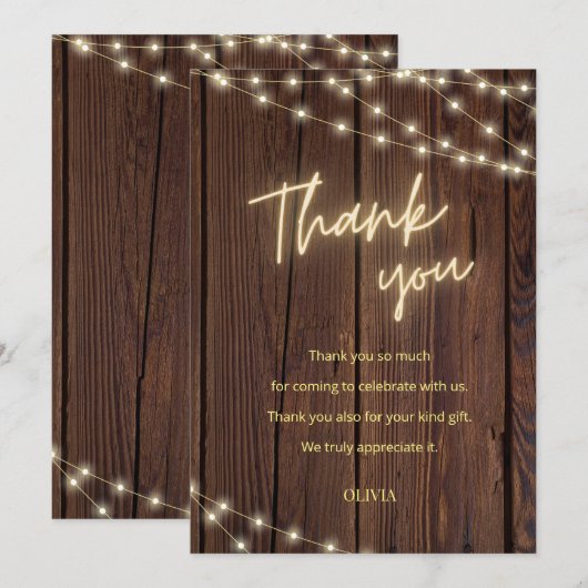 Rustieke hout boho slingerlichte bruidsdouche bedankkaart (Voorkant / Achterkant)