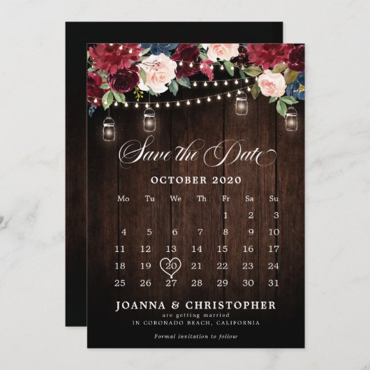 Rustieke hout Bourgondische bloemen Mason Jar Kale Save The Date (Voorkant / Achterkant)