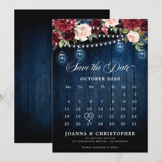 Rustieke hout Bourgondische bloemen Mason Jar Kale Save The Date (Voorkant / Achterkant)