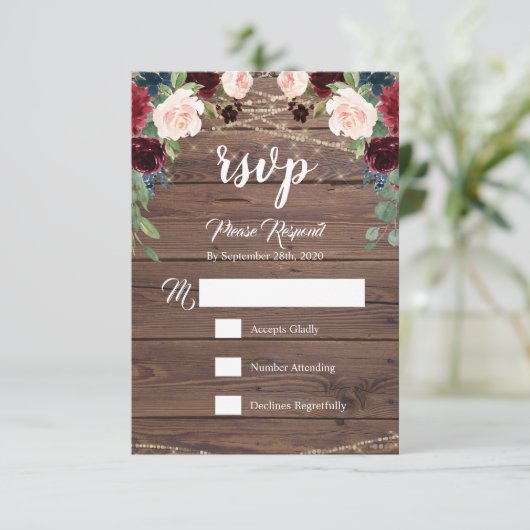 Rustieke hout Bourgondische bloemen RSVP-kaart RSVP Kaartje (Staand voorkant)