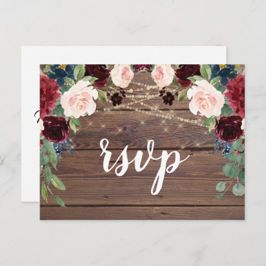 Rustieke hout Bourgondische bloemen RSVP-kaart Uitnodiging Briefkaart (Voorkant / Achterkant)