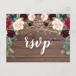 Rustieke hout Bourgondische bloemen RSVP-kaart Uitnodiging Briefkaart