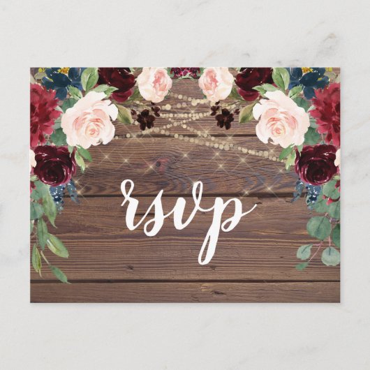 Rustieke hout Bourgondische bloemen RSVP-kaart Uitnodiging Briefkaart (Voorkant)