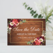 Rustieke Hout Burgundy Bloem Boho Save The Date (Staand voorkant)