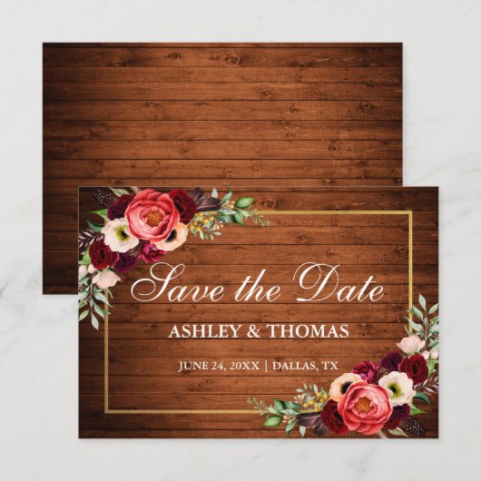 Rustieke Hout Burgundy Bloem Boho Save The Date (Voorkant / Achterkant)