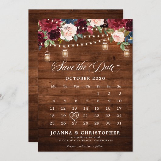 Rustieke Hout Burgundy Bloem Mason Jar Agenda Save The Date (Voorkant / Achterkant)