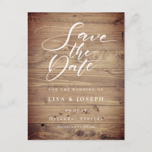 Rustieke hout elegante script save the date foto briefkaart (Voorkant)