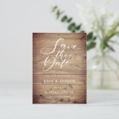 Rustieke hout elegante script save the date foto briefkaart (Staand voorkant)