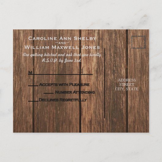 Rustieke hout en gegraveerde hart RSVP-kaart Uitnodiging Briefkaart (Achterkant)