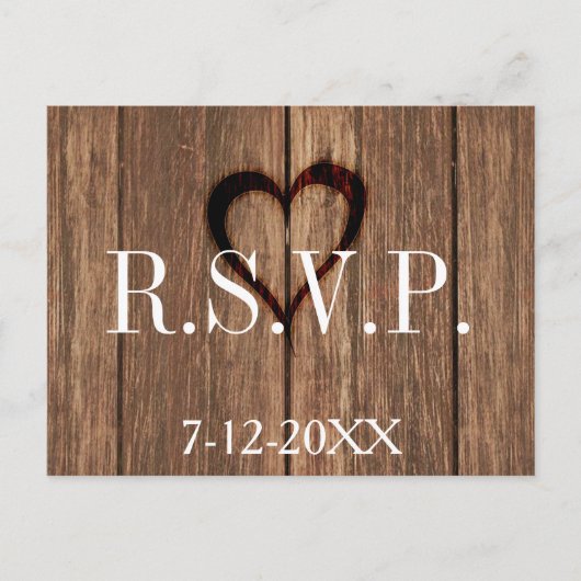 Rustieke hout en gegraveerde hart RSVP-kaart Uitnodiging Briefkaart (Voorkant)