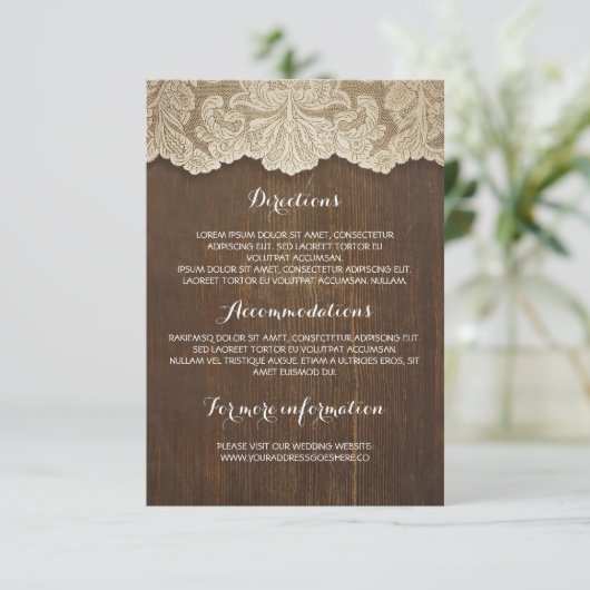 Rustieke hout en kant bruiloft details - Informati Informatiekaartje (Staand voorkant)