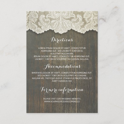 Rustieke hout en kant bruiloft details - Informati Informatiekaartje (Voorkant)