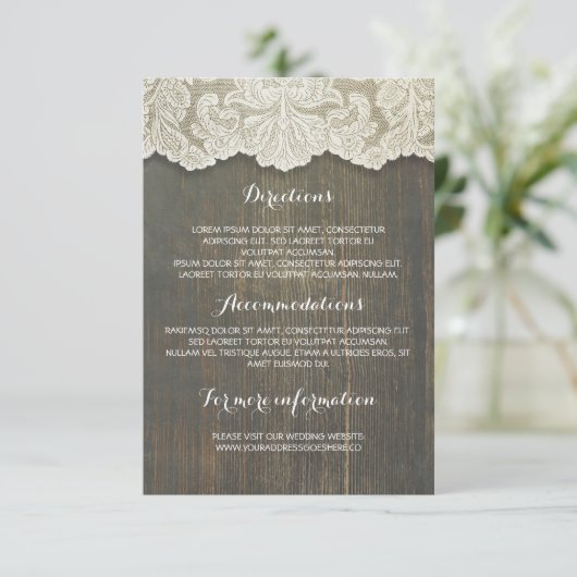 Rustieke hout en kant bruiloft details - Informati Informatiekaartje (Staand voorkant)