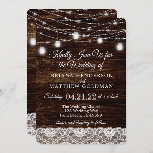 Rustieke hout en kant Mason Jar Lights Bruiloft Kaart (Voorkant / Achterkant)