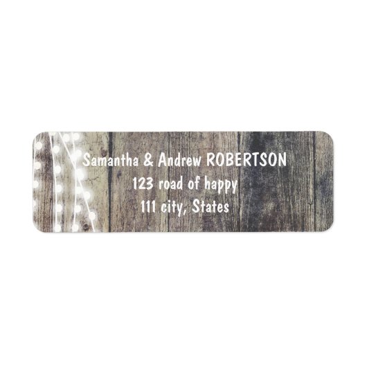 Rustieke hout en string verlichting bruiloft etiket (Voorkant)