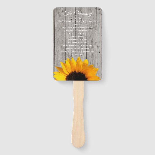 Rustieke hout en zonnebloem bruiloft programma Fan Handwaaier (Voorkant)
