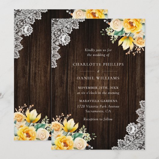 Rustieke Hout Gele Botanische Bruiloft Kaart (Voorkant / Achterkant)