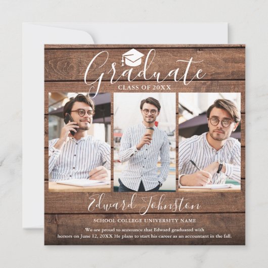 Rustieke Hout Geslaagd 4 Foto Afstuderen Aankondiging (Voorkant)