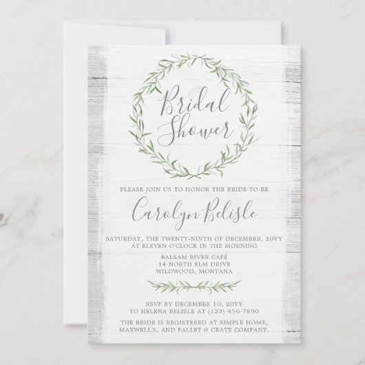 Rustieke hout groene krans bruids douche uitnodigi kaart (Voorkant)