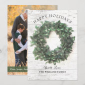 Rustieke hout groene krans familie foto gelukkig feestdagenkaart (Voorkant / Achterkant)