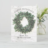 Rustieke hout groene krans familie foto gelukkig feestdagenkaart (Staand voorkant)