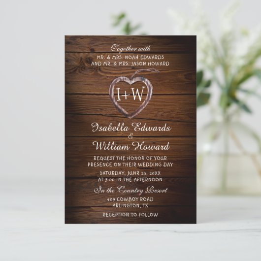 Rustieke Hout Hart Bruiloft Uitnodiging (Staand voorkant)