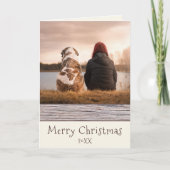 Rustieke Hout Hond en Eigenaar Foto Vrolijk Kerstm Feestdagen Kaart (Voorkant)