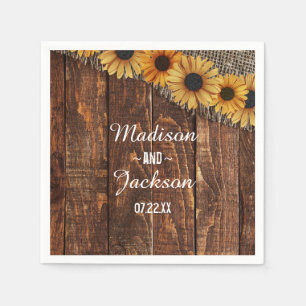 Rustieke hout & jute zonnebloem monogram bruiloft servet