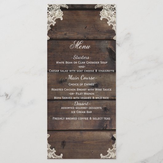 Rustieke hout & kant schuur romantisch trouwmenu menu (Voorkant)